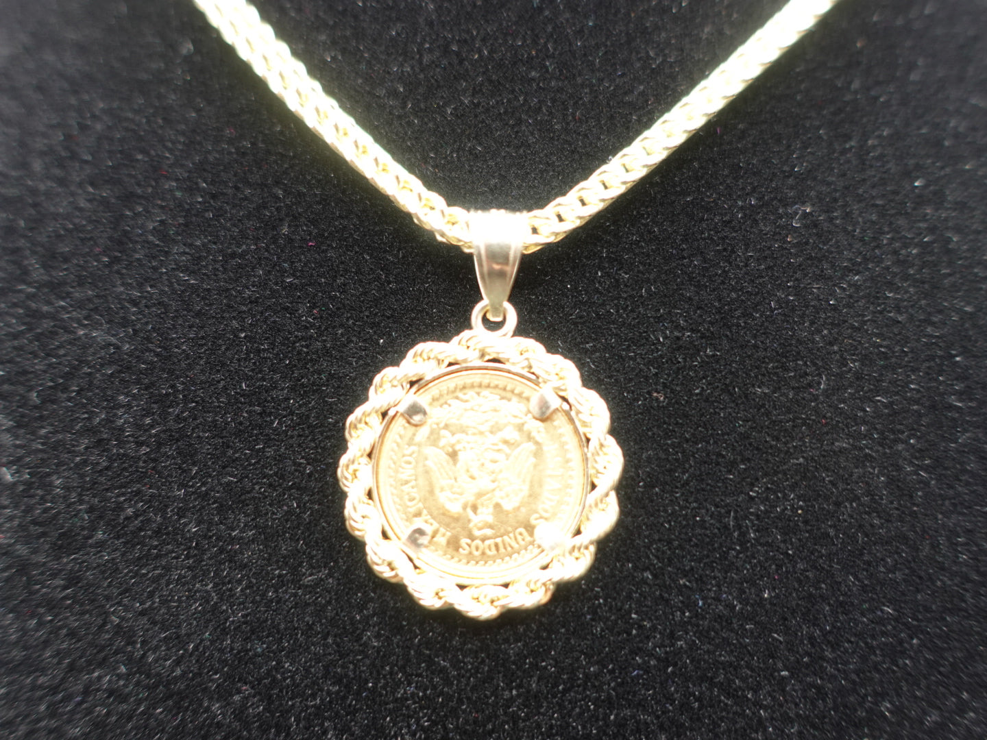 22K Dos y Medio Pesos Coin Pendant in 14K Gold Rope Bezel