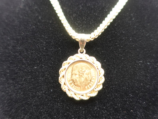 22K Dos y Medio Pesos Coin Pendant in 14K Gold Rope Bezel