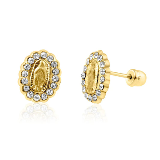 14K Yellow Gold Virgen De Guadalupe CZ Screw Back Earring