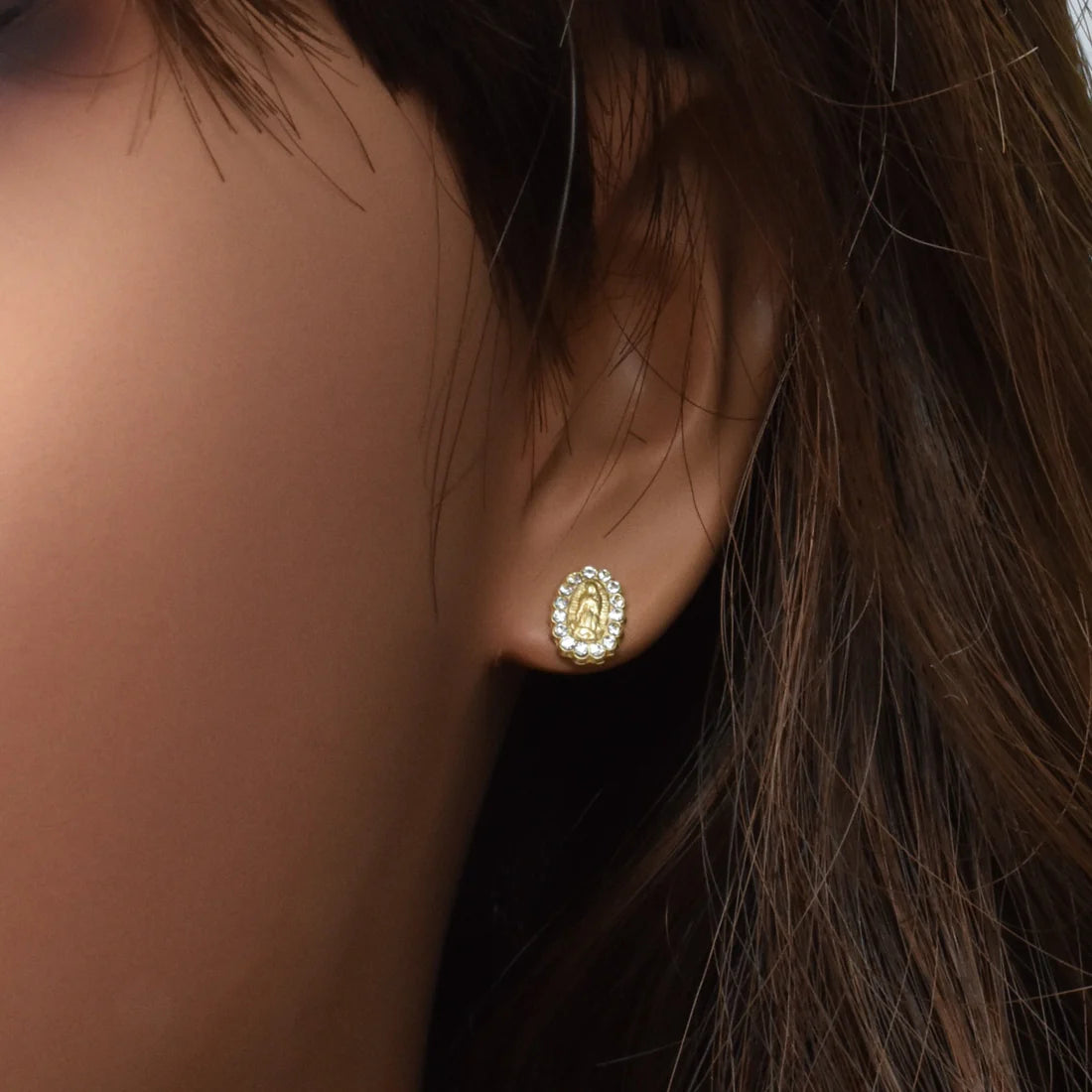 14K Yellow Gold Virgen De Guadalupe CZ Screw Back Earring